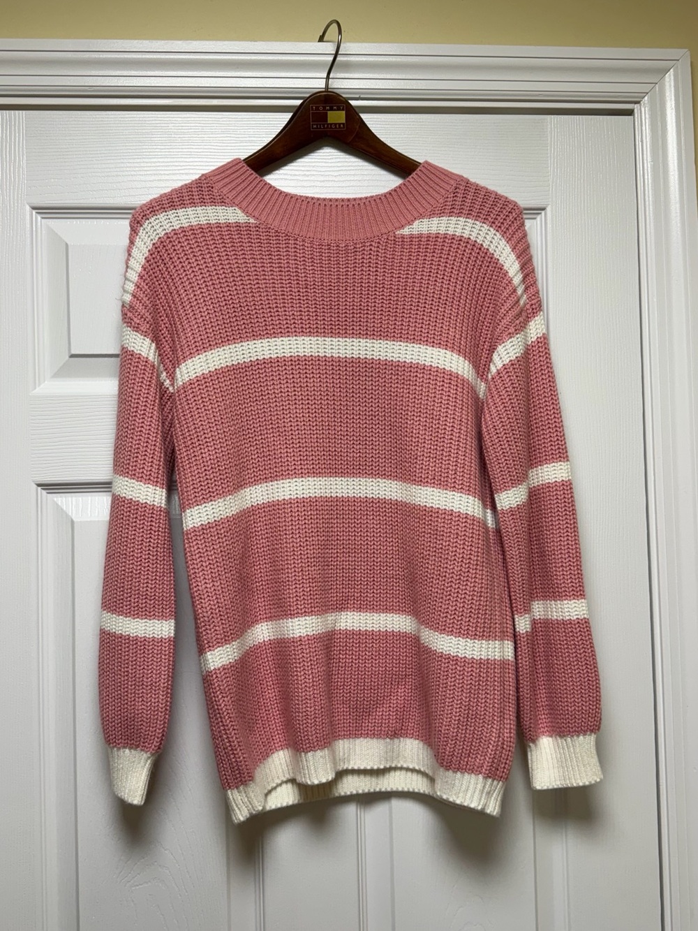 Women's Pink and White Striped Crewneck Sweater